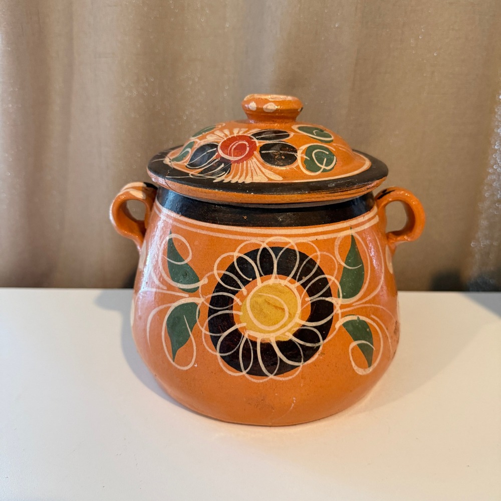 Vintage Mexican Hand Painted Terracotta Bean Pot with Lid Lead Free Floral Olla
